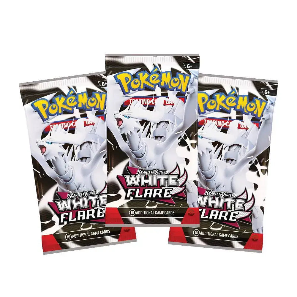Pokémon TCG Scarlet & Violet White Flare booster packs, glossy wrappers with Reshiram artwork in black, white, and red, displayed in a set of three sealed packs.