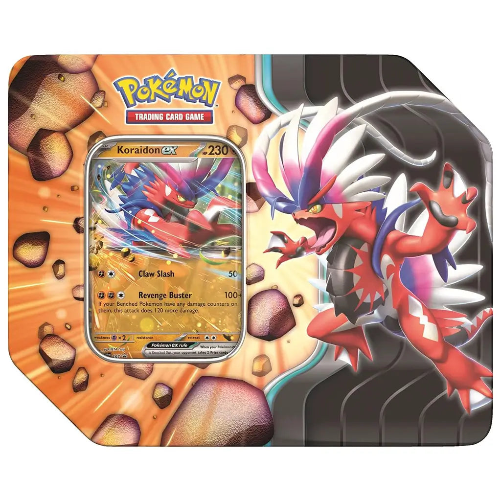 Pokémon TCG Slashing Legends tin featuring Koraidon ex promo card, displayed in a bold orange and black tin with rocky background and artwork of Koraidon in battle pose.