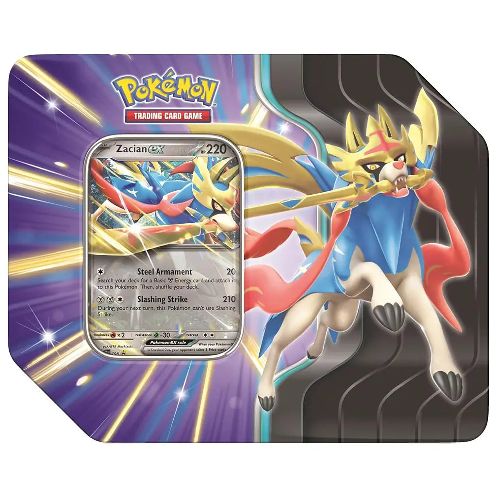 Pokémon TCG Slashing Legends tin featuring Zacian ex promo card, packaged in a vibrant purple and gold tin with shining energy streaks and artwork of Zacian wielding a sword.