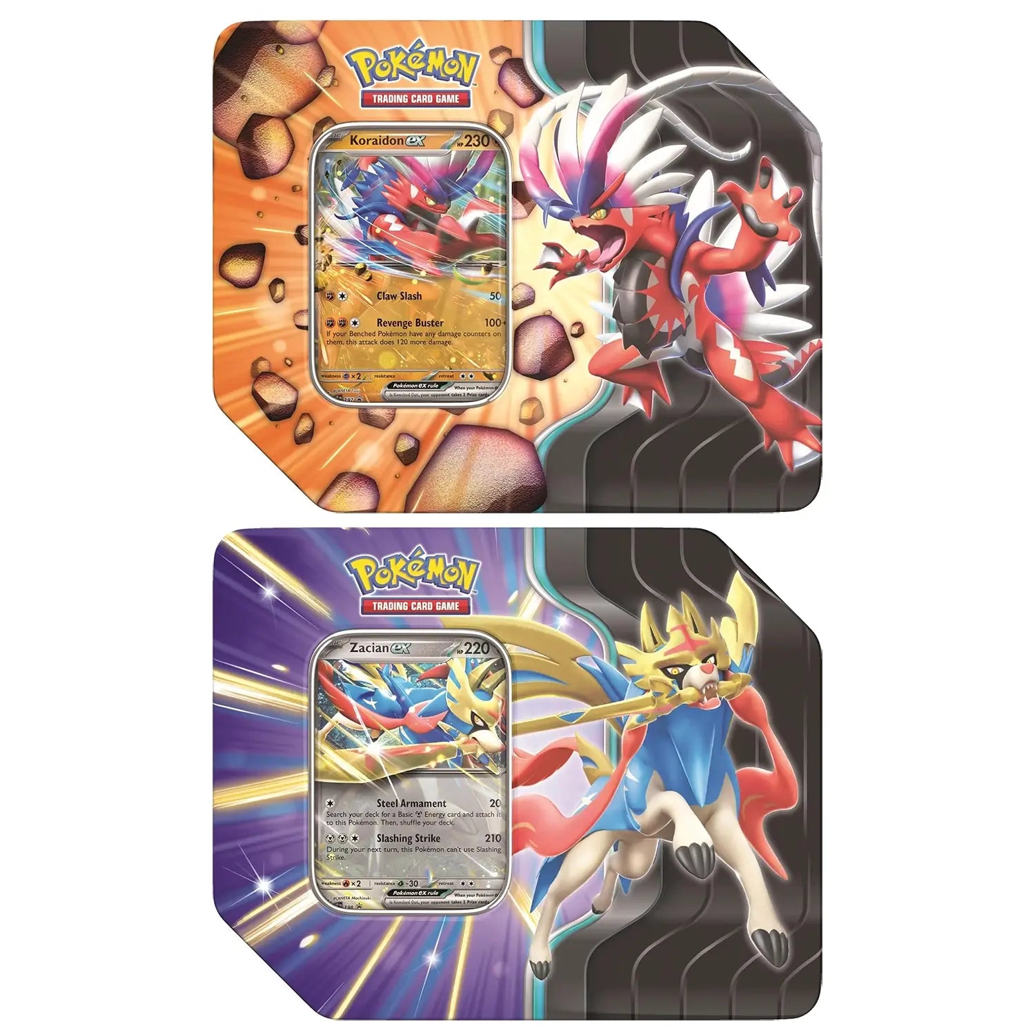 Pokémon Trading Card Game Slashing Legends tin set showing Koraidon ex and Zacian ex promo cards, each in colorful tins with dynamic artwork of the featured Pokémon.