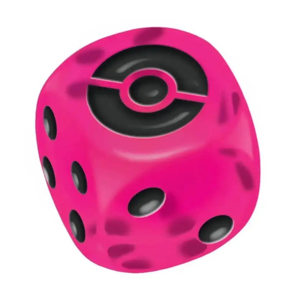 Pokémon TCG coin flip die in bright pink translucent plastic with rounded cube shape, black Poké Ball icon on top, used to determine coin flip outcomes during official Pokémon Trading Card Game matches.