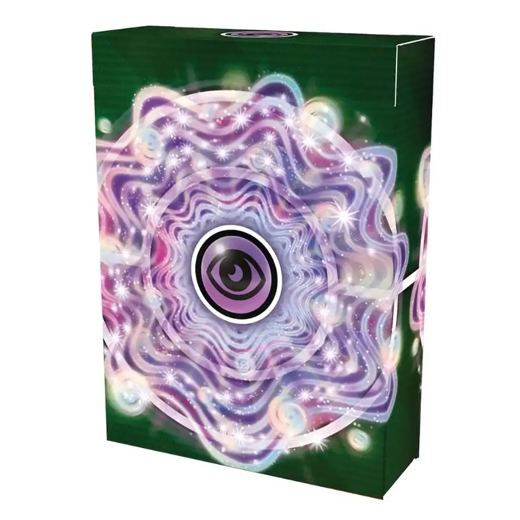 Pokémon TCG deck box in dark green cardboard with smooth texture, featuring swirling purple psychic-energy artwork and central eye symbol, designed to store and protect a full Pokémon League Battle Deck.