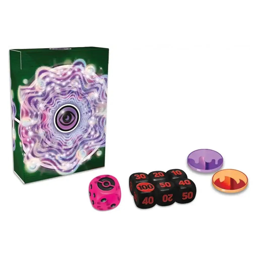 Pokémon TCG League Battle Deck contents displayed on white background, including green deck box, pink coin flip die, black damage counter dice, and colorful condition markers arranged neatly for gameplay setup.