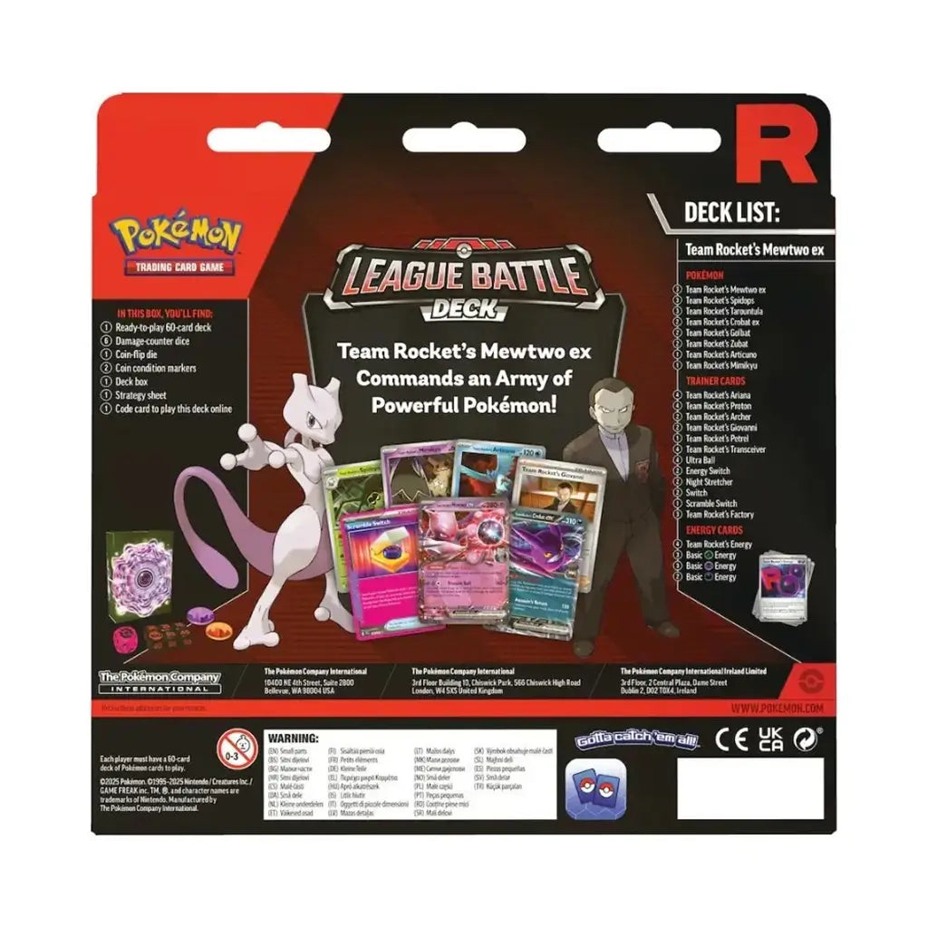 Back of Pokémon TCG League Battle Deck packaging in red and black cardboard, listing Team Rocket’s Mewtwo ex deck contents, strategy notes, included cards, and official branding for competitive play.