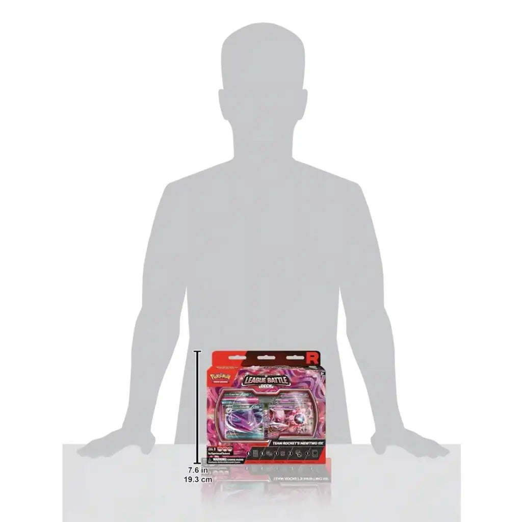 Pokémon TCG League Battle Deck package shown with scale reference against a human silhouette, highlighting compact rectangular box size and approximate dimensions for retail display and tabletop storage.