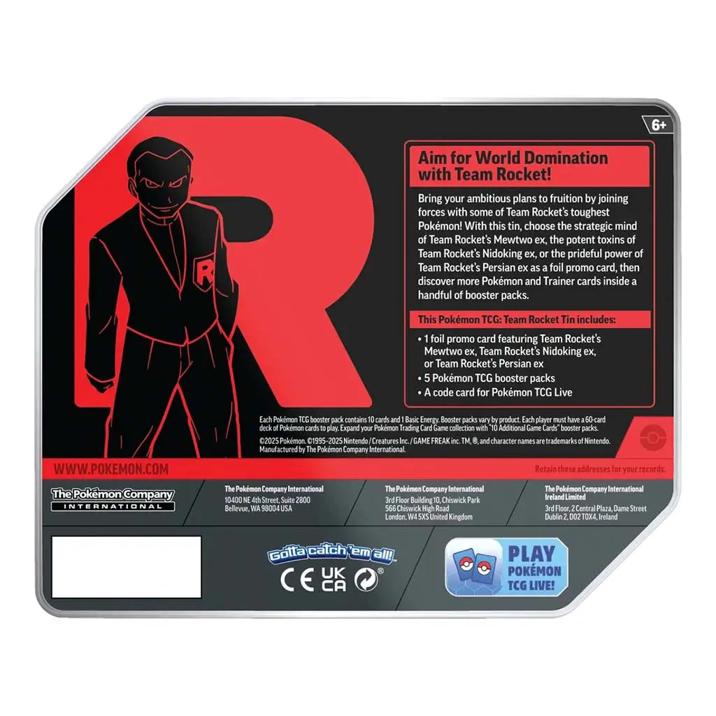 Pokémon TCG Team Rocket tin back panel presents a bold red R with an outlined figure and detailed text describing the included foil Mewtwo ex card, booster packs, and code card on a dark metal surface.