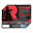 Pokémon TCG Team Rocket tin back panel presents a bold red R with an outlined figure and detailed text describing the included foil Mewtwo ex card, booster packs, and code card on a dark metal surface.