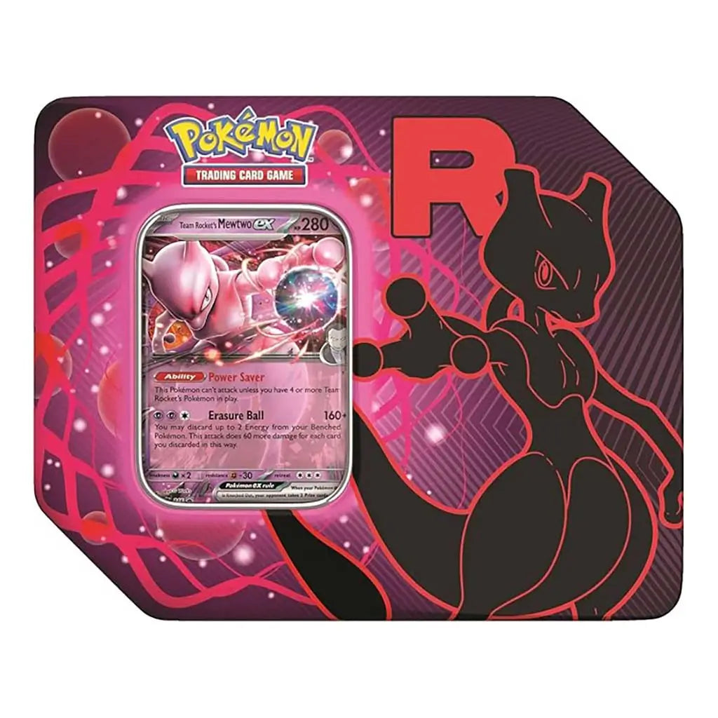 Pokémon TCG Team Rocket tin features vivid pink and black metal packaging with a glossy Mewtwo ex promo card framed by swirling energy rings and a bold red R beside a dark outlined Mewtwo figure.