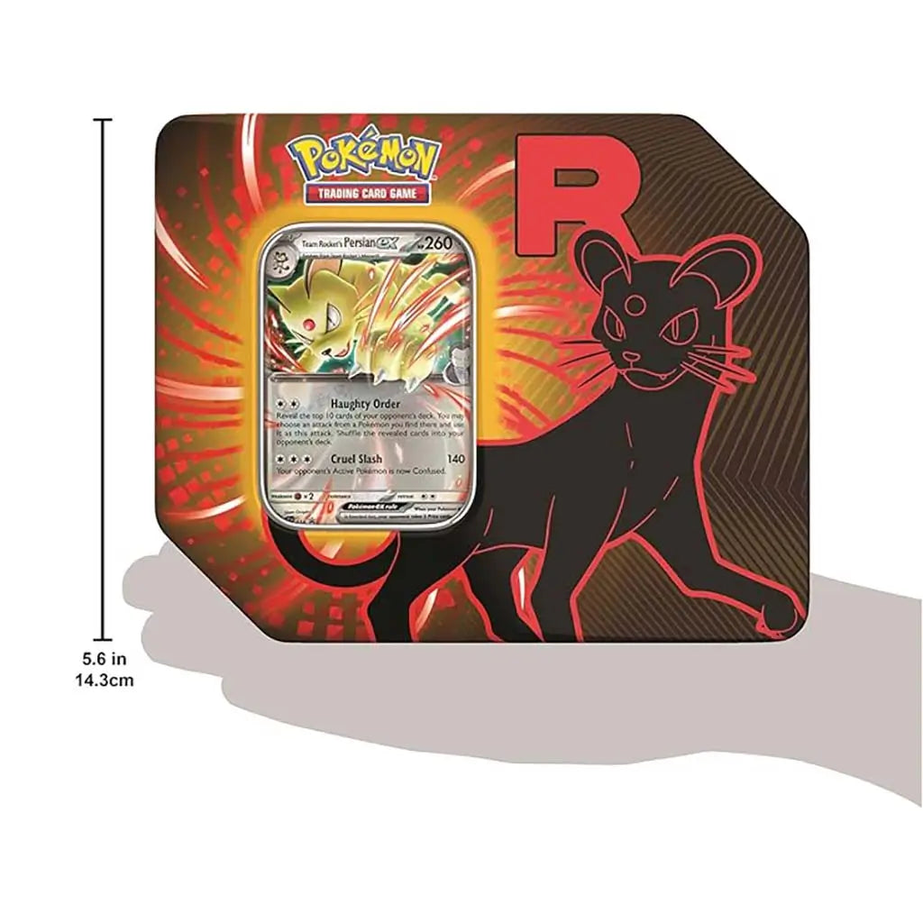 Pokémon TCG Team Rocket tin displays the same red and black metal packaging with a size guide marking 5.6 inches tall around the centered Persian ex promo card and radiant burst design.