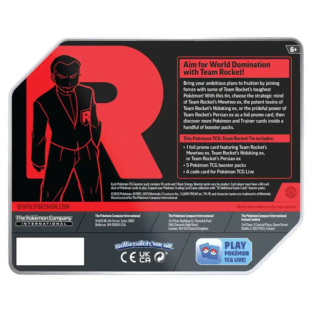 Pokémon TCG Team Rocket tin back panel features a red R symbol, outlined figure, and detailed product text describing included foil Persian ex card and booster packs on a black metal surface.