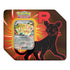 Pokémon TCG Team Rocket tin shows a red and black metal package with glossy Persian ex promo card centered against radiant burst graphics and a bold R logo on a dark feline outline background.