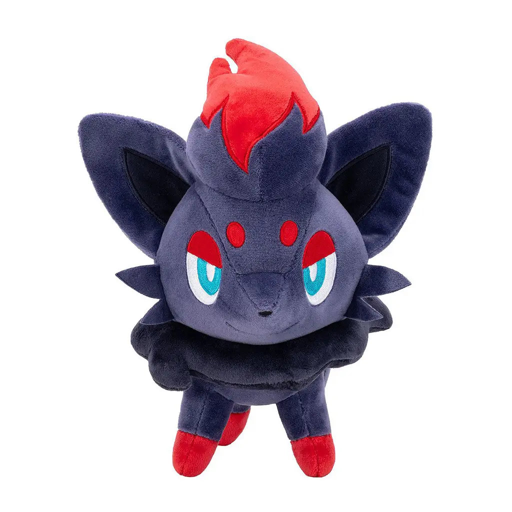 Pokémon plush Zorua with dark navy and red soft fabric, smooth velvety texture, fox-like shape with upright ears and a flame-like head tuft, shown against a plain white background as a collectible toy display.