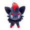 Pokémon plush Zorua with dark navy and red soft fabric, smooth velvety texture, fox-like shape with upright ears and a flame-like head tuft, shown against a plain white background as a collectible toy display.