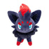 Pokémon plush Zorua with dark navy and red soft fabric, smooth velvety texture, fox-like shape with upright ears and a flame-like head tuft, shown against a plain white background as a collectible toy display.