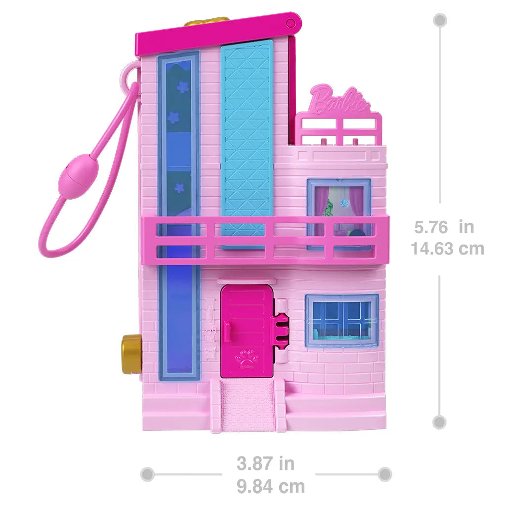Closed Polly Pocket Barbie Dreamhouse Compact in pink and blue shows exterior details with measurement labels highlighting 5.76-inch height and 3.87-inch width.