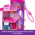 Pink Polly Pocket Barbie Dreamhouse Compact interior shows doll in wheelchair using a clear purple elevator to travel between floors with accessible play design.