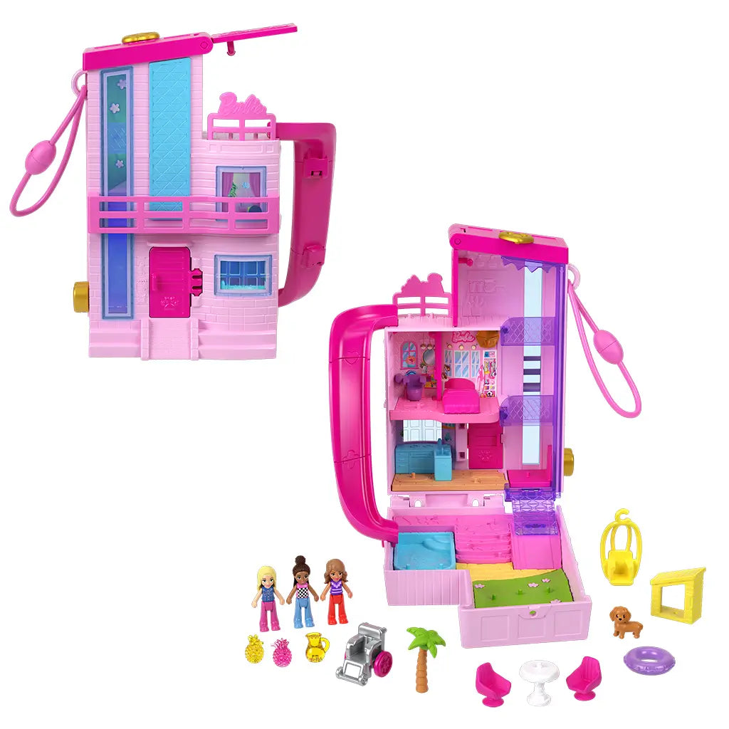 Polly Pocket Barbie Dreamhouse Compact shown closed and open, revealing colorful interior rooms, dolls, and miniature accessories for imaginative travel play.