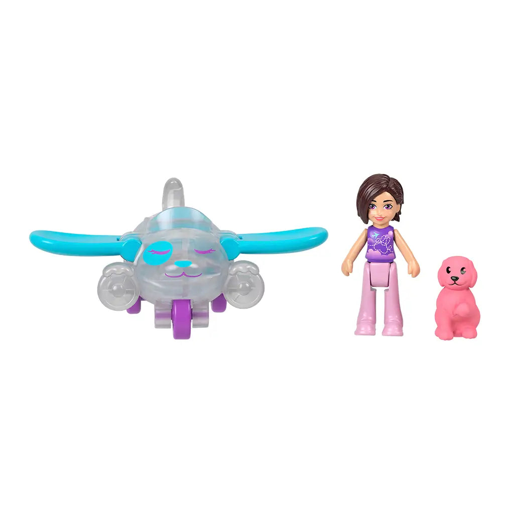Front view of Polly Pocket silver airplane with blue wings beside Polly doll in purple top and pink dog figure, all placed on a white background.