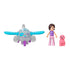Front view of Polly Pocket silver airplane with blue wings beside Polly doll in purple top and pink dog figure, all placed on a white background.