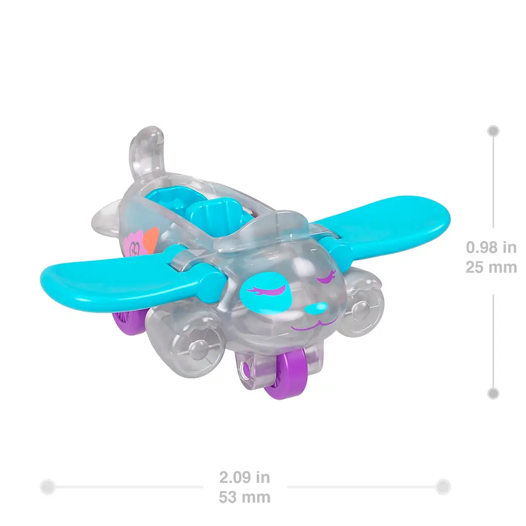 Close-up of Polly Pocket silver mini airplane with blue wings, purple wheels, and smiling face design, shown with size measurements in inches and millimeters.