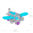 Close-up of Polly Pocket silver mini airplane with blue wings, purple wheels, and smiling face design, shown with size measurements in inches and millimeters.