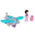 Polly Pocket silver airplane with blue wings next to Polly doll in purple top and pink pants, and small pink dog figure, arranged on white background.