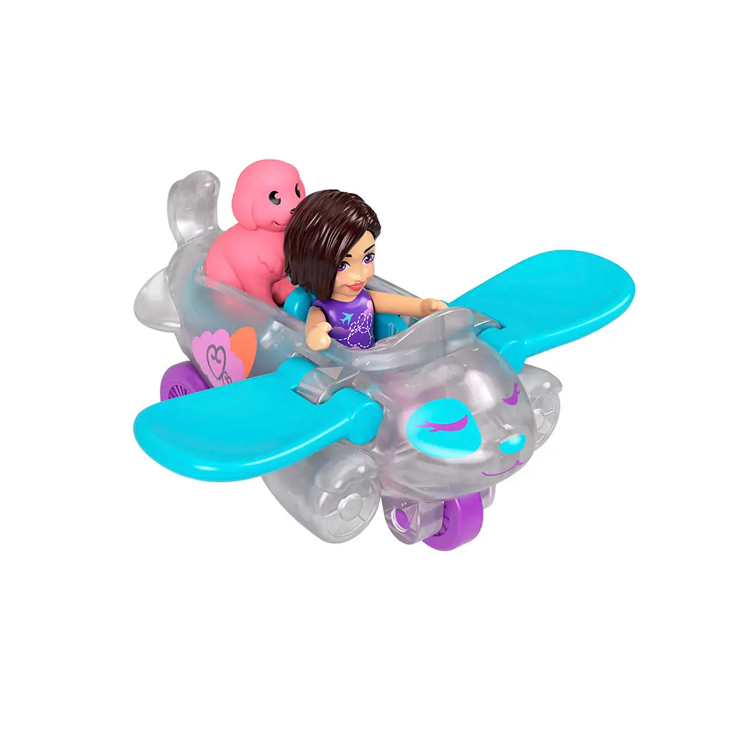 Polly Pocket silver airplane with blue wings and smiling face, Polly doll seated at front, and pink dog figure in rear seat for imaginative play scenes.