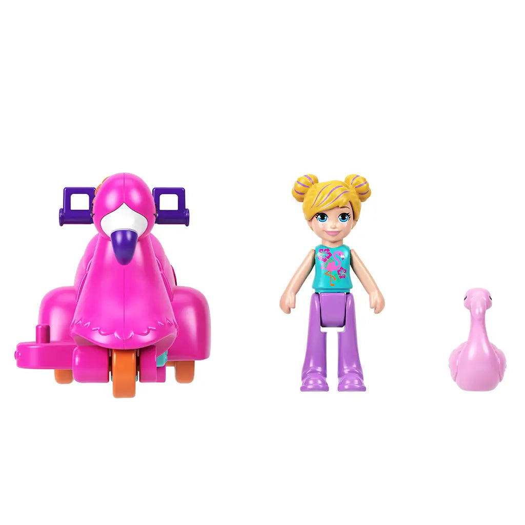Front view of Polly Pocket bright pink flamingo scooter with teal seat, next to blonde Polly doll in purple pants and miniature pink flamingo figure on white background.