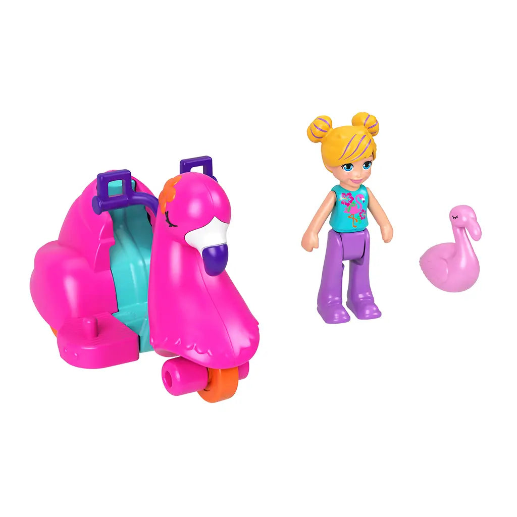 Polly Pocket bright pink flamingo scooter with teal seat beside blonde Polly doll in purple pants and small pink flamingo figure, all placed against white background.