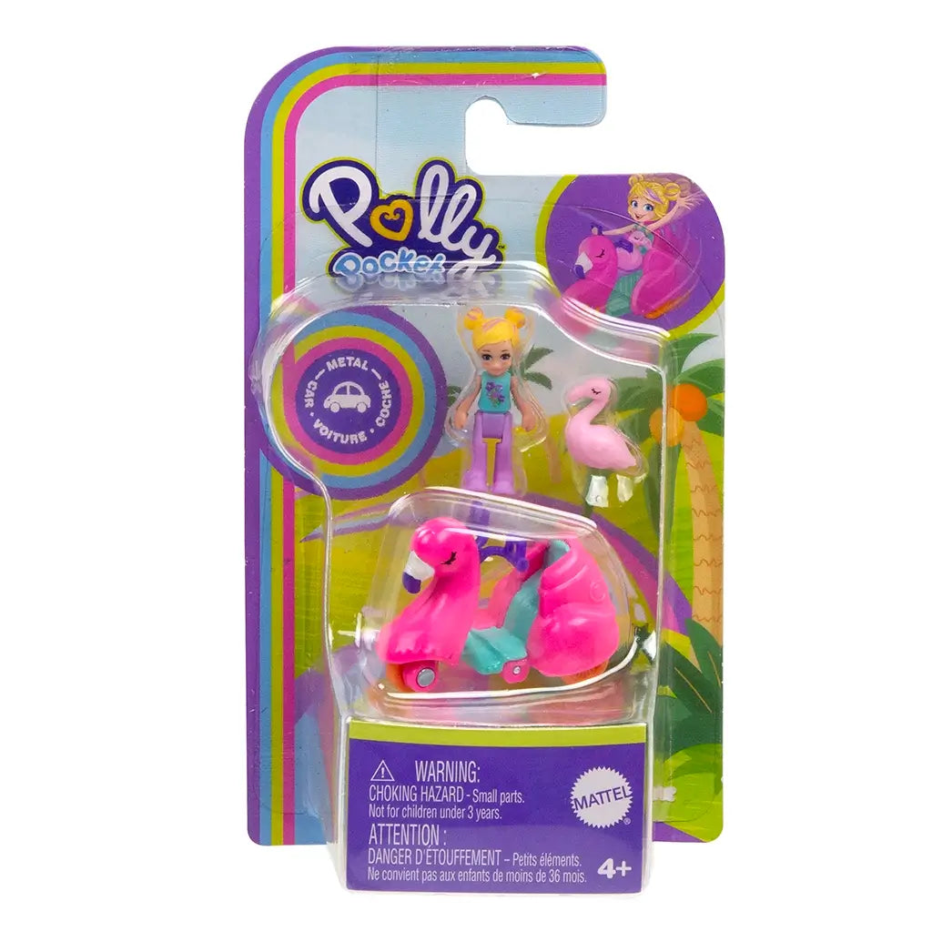 Polly Pocket toy set in packaging featuring bright pink flamingo scooter with teal seat, small Polly doll, and miniature pink flamingo figure on colorful tropical backdrop.