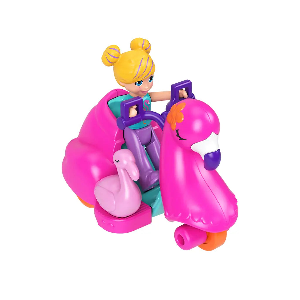 Polly Pocket bright pink flamingo scooter with teal seat and handlebars, Polly doll seated, and pink flamingo figure in back compartment for playful imaginative adventures.