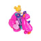 Polly Pocket bright pink flamingo scooter with teal seat and handlebars, Polly doll seated, and pink flamingo figure in back compartment for playful imaginative adventures.