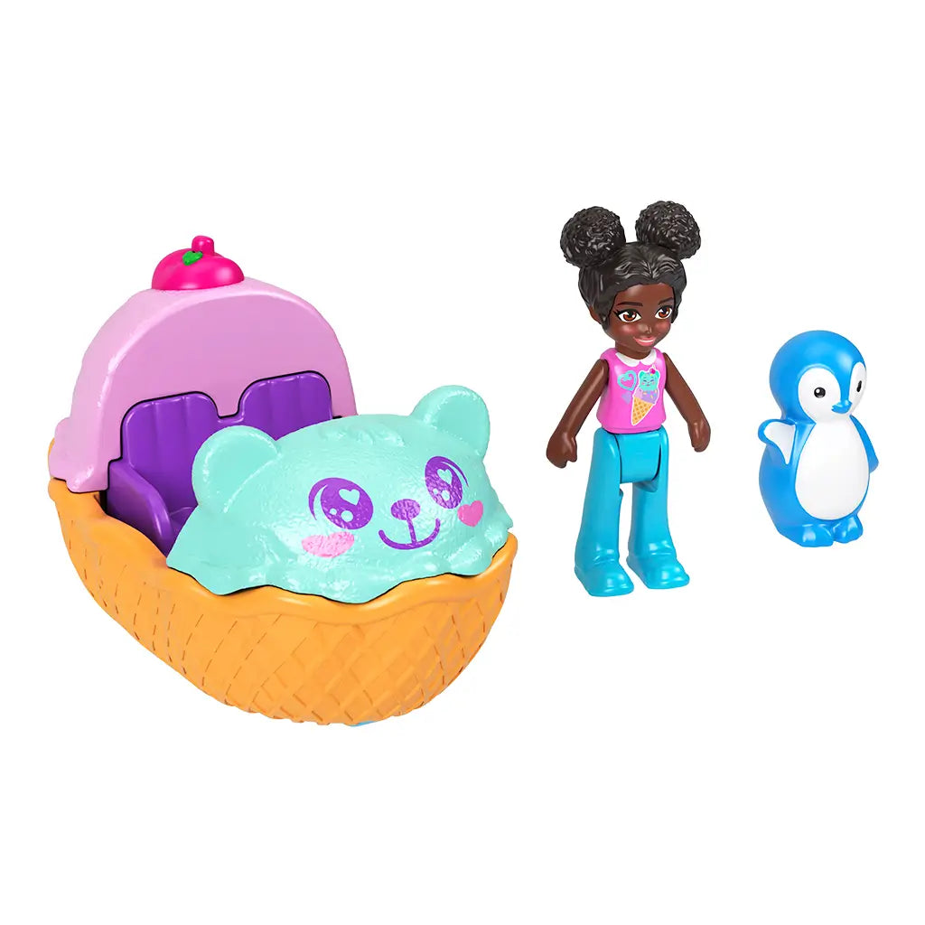 Teal dinosaur-themed Polly Pocket toy car with purple wheels, white horns, orange dashboard, and printed dinosaur decals, shown with measurements for height and length on a white backdrop.