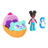 Teal dinosaur-themed Polly Pocket toy car with purple wheels, white horns, orange dashboard, and printed dinosaur decals, shown with measurements for height and length on a white backdrop.