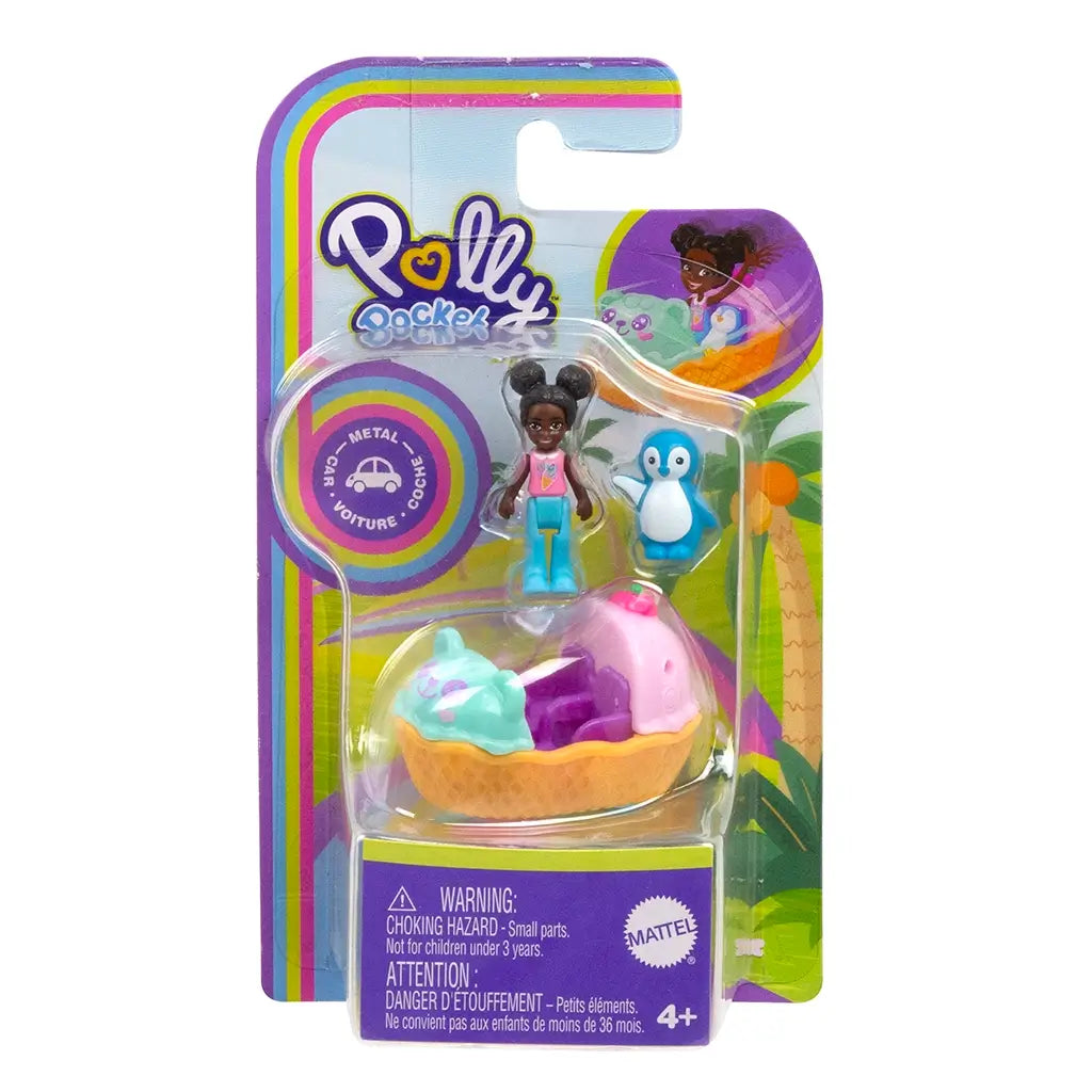 Polly Pocket mini playset featuring a teal triceratops-shaped toy car with purple seats, a small red-haired doll, and a cute purple brontosaurus figure, set against a white background.
