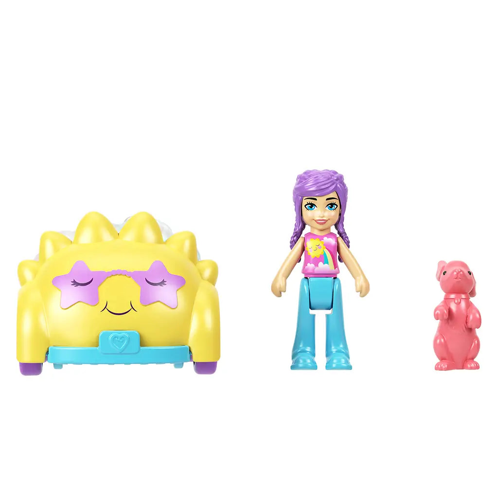 Front view of Polly Pocket yellow star-themed car with smiling face and purple wheels, next to Polly doll in pink top and blue pants and pink dog figure.