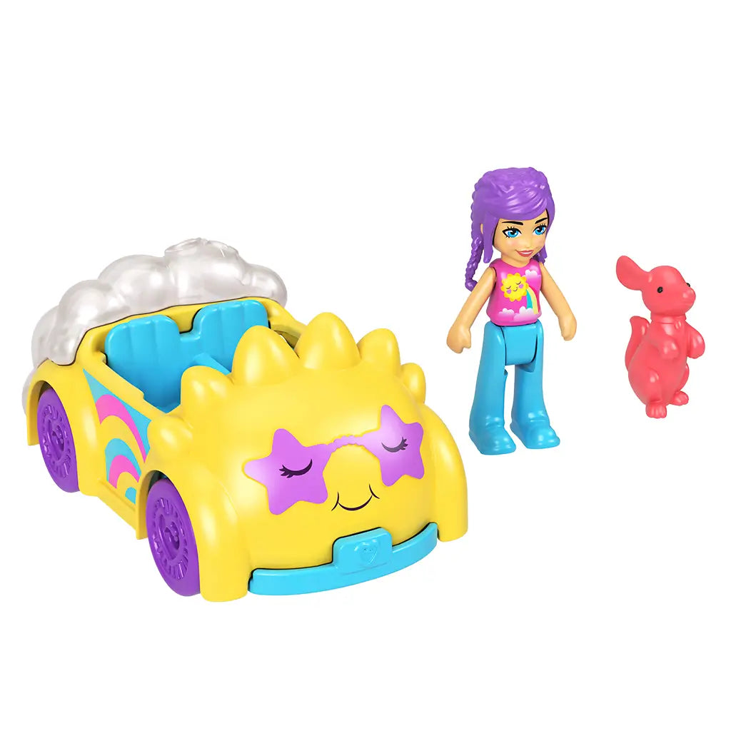 Polly Pocket yellow star car with smiling face beside purple-haired Polly doll in blue pants and pink dog figure, all arranged on a white background.