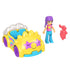 Polly Pocket yellow star car with smiling face beside purple-haired Polly doll in blue pants and pink dog figure, all arranged on a white background.