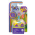 Polly Pocket toy set in packaging with yellow star-themed mini car, purple-haired Polly doll, and pink dog figure against a colorful illustrated backdrop.