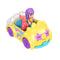 Polly Pocket yellow star-themed mini car with smiling face, purple wheels, and white cloud accents, seating Polly doll and pink dog figure for playful adventures.