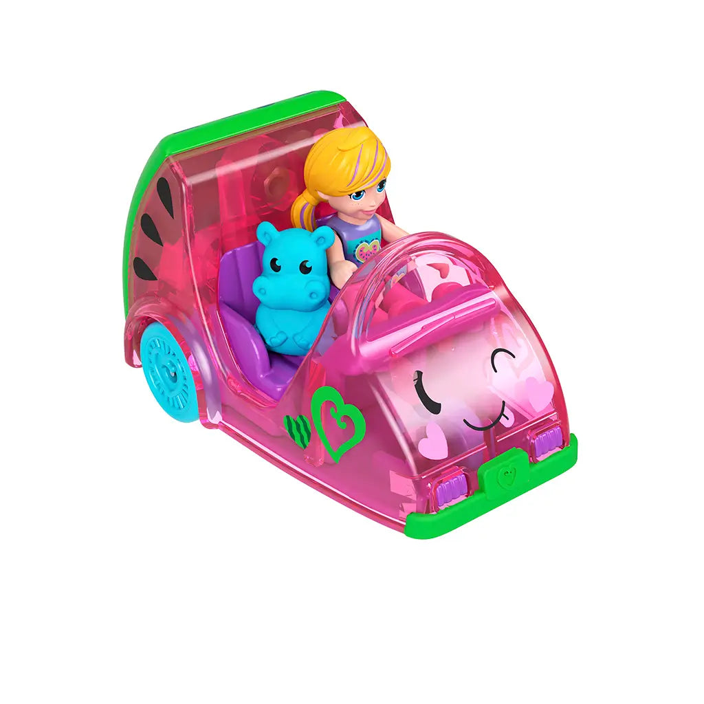Polly Pocket pink watermelon car with green trim and smiling face, seated Polly doll, and blue hippo figure inside purple seats, ready for imaginative play.