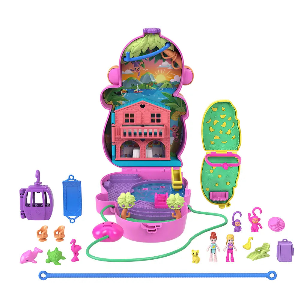 Polly Pocket Momma Monkey playset fully opened with accessories including dolls, pink dolphin, purple gondola, turtle, flamingo, chairs, suitcase, and toy animals.