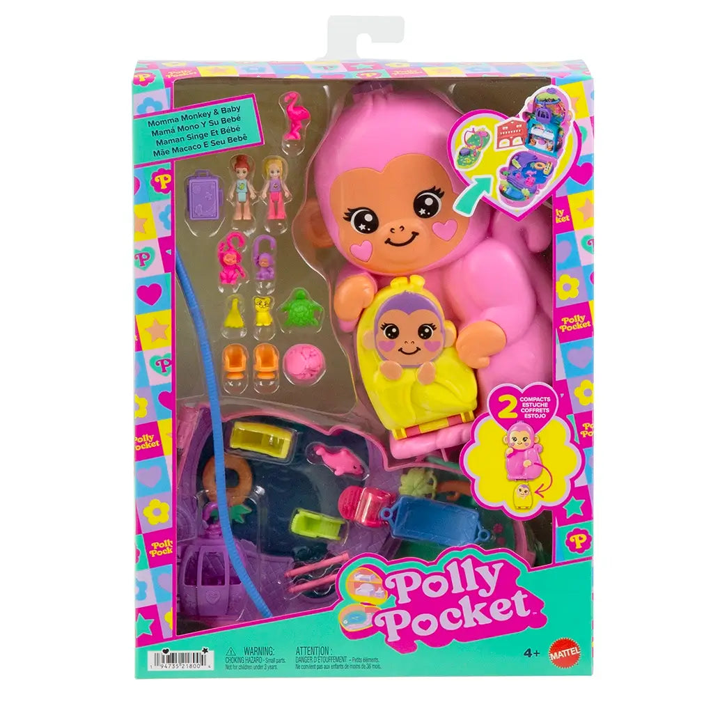 Polly Pocket Momma Monkey & Baby compact playset in pink packaging with heart graphics, featuring mini dolls, animals, furniture, and colorful accessories inside.Polly Pocket Momma Monkey & Baby compact playset in pink packaging with heart graphics, featuring mini dolls, animals, furniture, and colorful accessories inside.