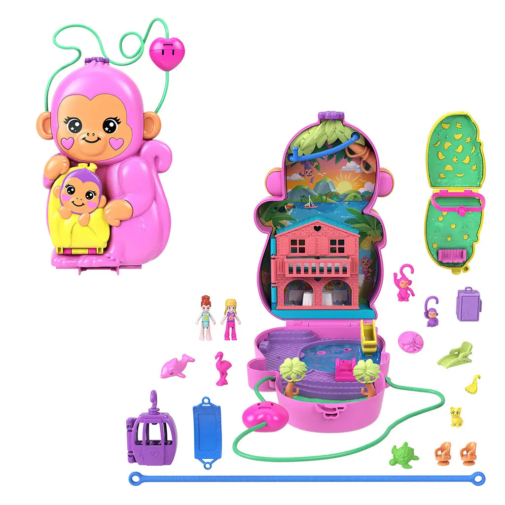 Polly Pocket Momma Monkey & Baby 2-in-1 compact playset shown open with dolls, pets, and accessories, including a pink house, pool, hammock, and zipline features.
