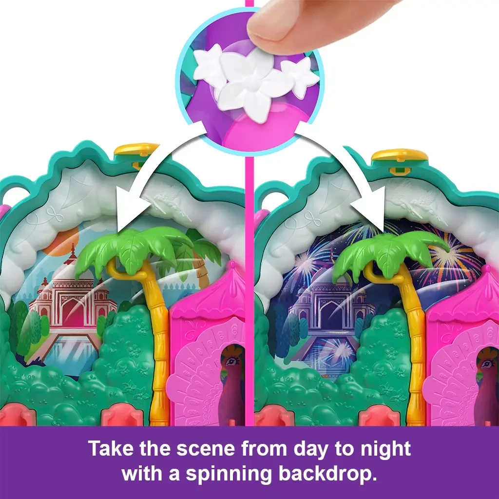 Polly Pocket Peacock Garden playset showing a day-to-night backdrop transformation with spinning background from sunny palace to fireworks scene.