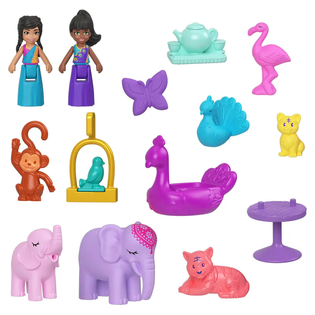 Set of Polly Pocket Peacock Garden playset accessories including two dolls, colorful animals, a peacock boat, and miniature furniture pieces.