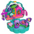 Open Polly Pocket Peacock Garden playset with dolls, peacock swing, animals, and palace garden scene under a night sky backdrop.