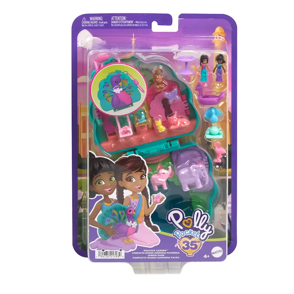Front view of Polly Pocket Peacock Garden playset in packaging, displaying dolls, animals, peacock swing, and miniature accessories.