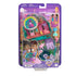 Front view of Polly Pocket Peacock Garden playset in packaging, displaying dolls, animals, peacock swing, and miniature accessories.