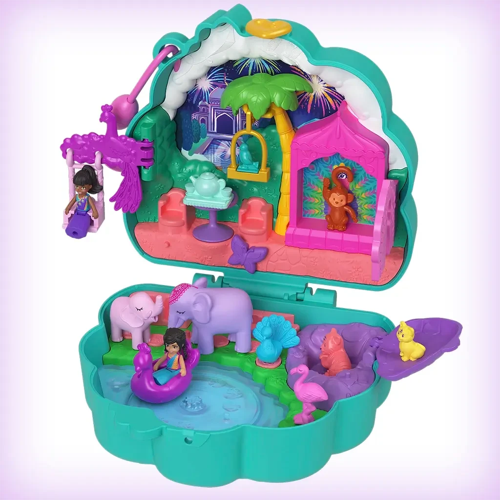 Open Polly Pocket Peacock Garden playset featuring dolls, animals, a peacock boat, and vibrant palace garden scene with night fireworks.